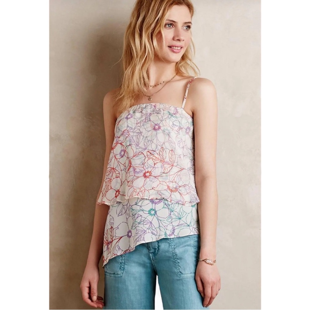 Anthropologie Maeve Floral Daisy Garden Silk Tiered Asymmetrical Top
